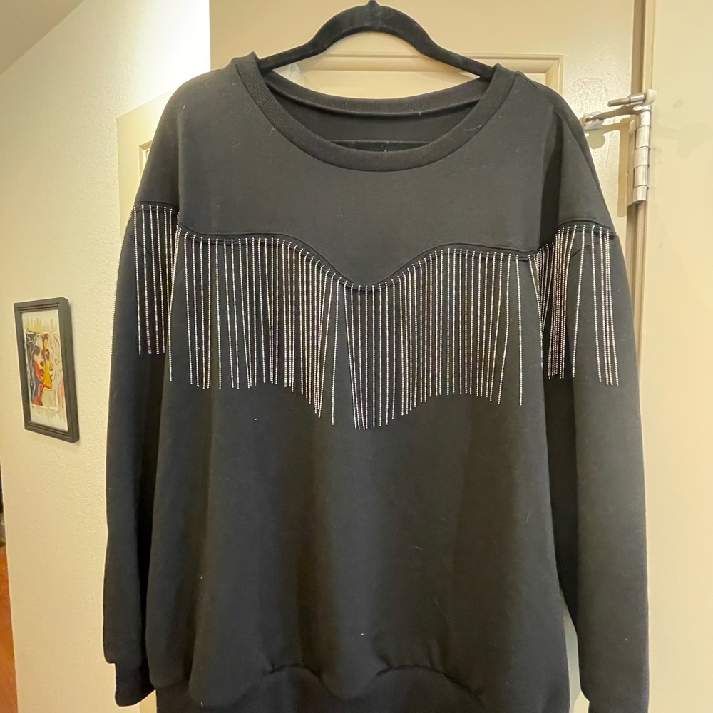 Black Sweatshirt with Fringe Detail